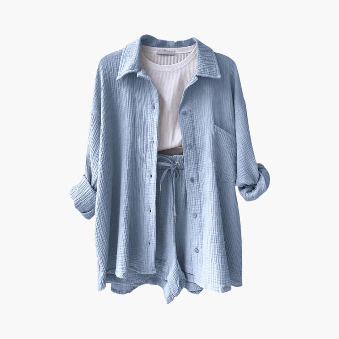 Lara™ - Bekväm Lös Button Top Och Kort 2-delat Set