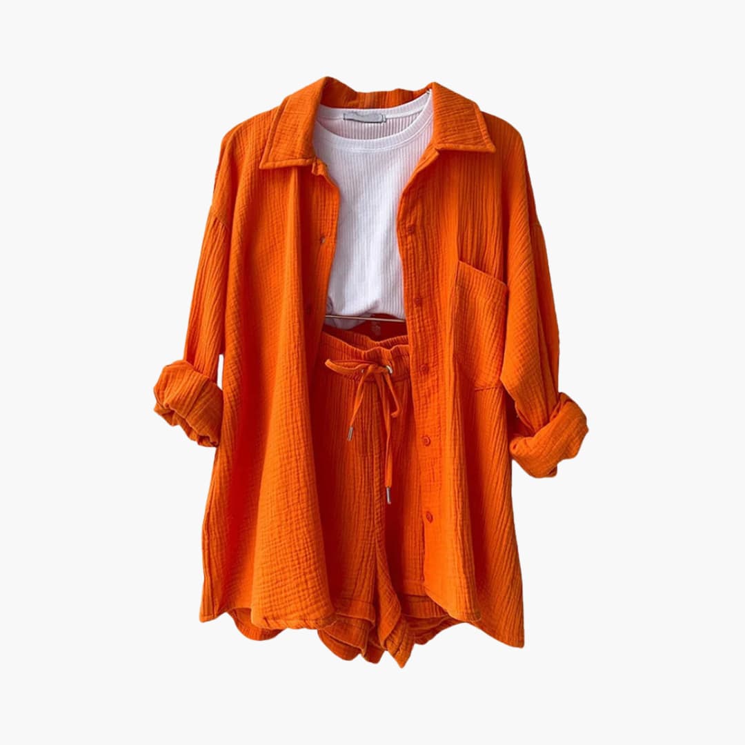 Lara™ - Bekväm Lös Button Top Och Kort 2-delat Set