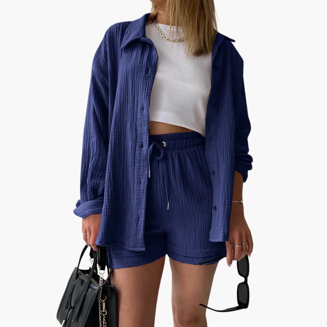 Lara™ - Bekväm Lös Button Top Och Kort 2-delat Set