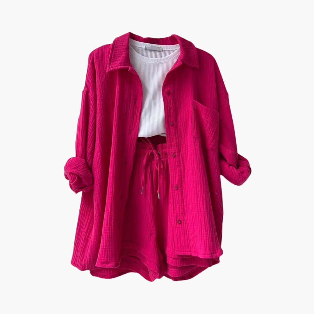 Lara™ - Bekväm Lös Button Top Och Kort 2-delat Set