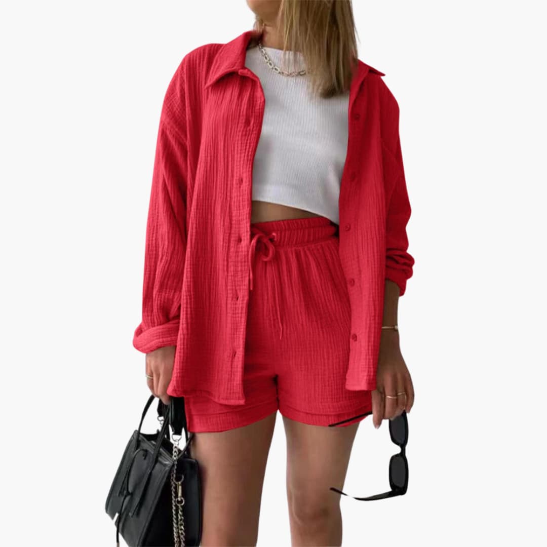 Lara™ - Bekväm Lös Button Top Och Kort 2-delat Set