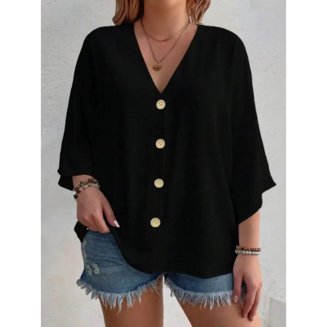 Quinn™ - Elegant V-Ringad Topp med Knappar för Kvinnor