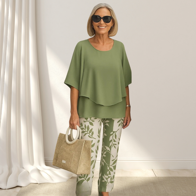 Casira™ - Avslappnad Set med Mönstrade Byxor och Rundhalsad Topp för Damer