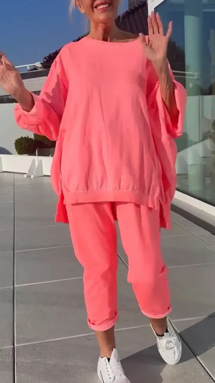 Louniva™ - Kvinnors Lediga Tvådelade Set med Rundhalsad Topp och Byxor