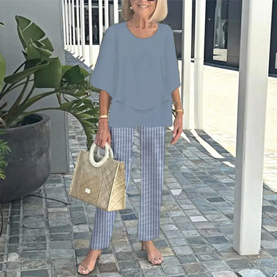 Casira™ - Avslappnad Set med Mönstrade Byxor och Rundhalsad Topp för Damer